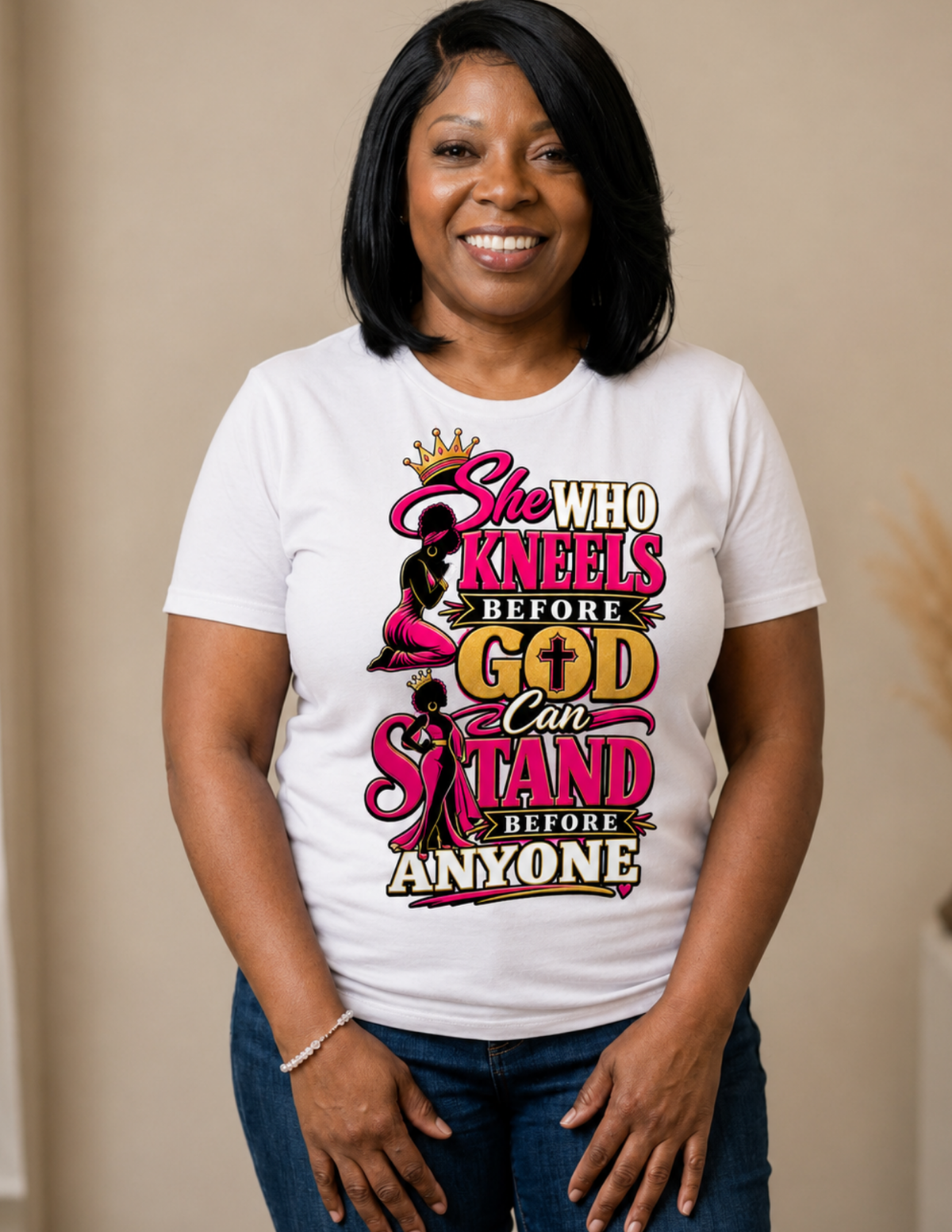 She Who Kneels Before God Christian graphic tee for women