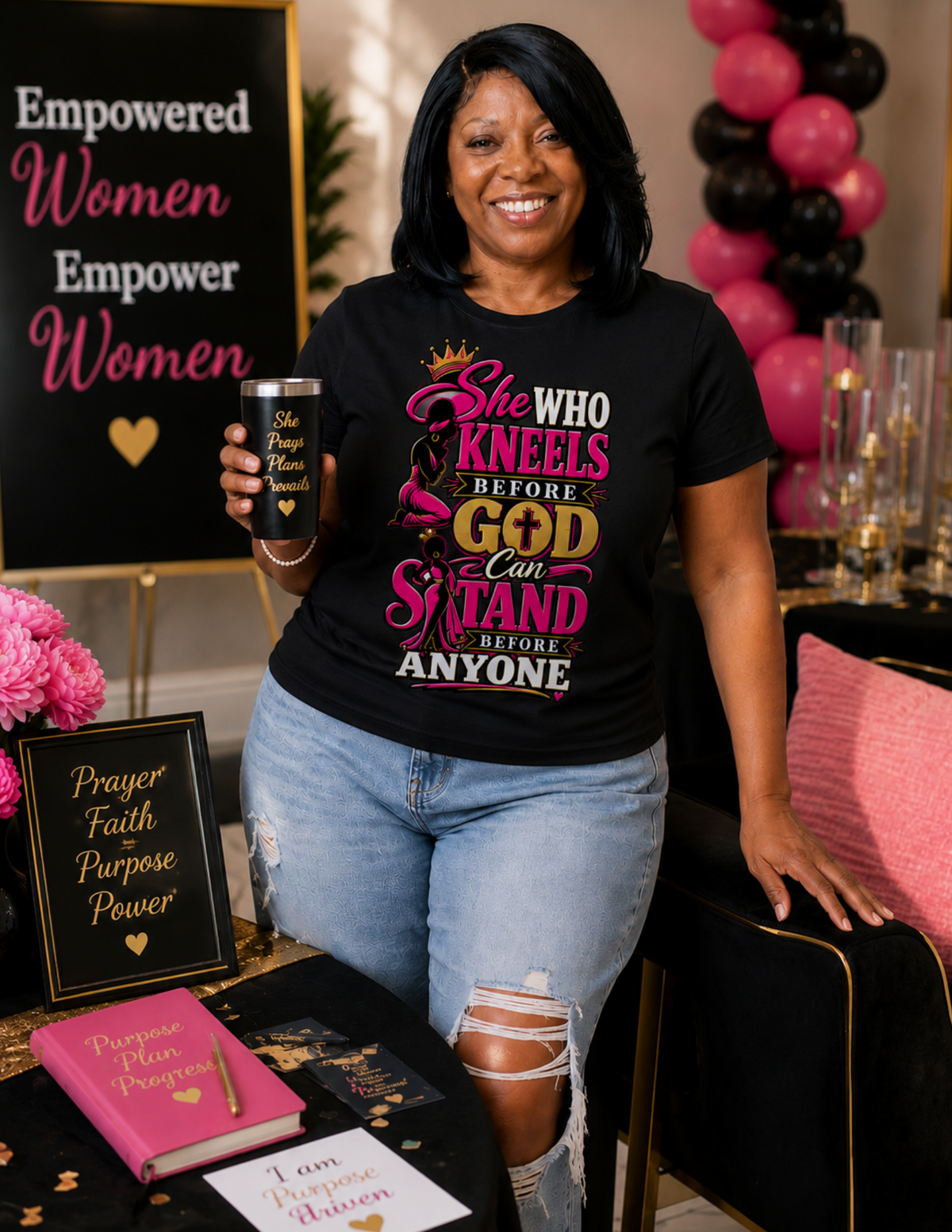 Women's She Who Kneels Before God faith-inspired graphic tee