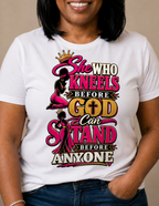 Christian graphic tee for women featuring kneeling and standing faith-inspired silhouettes