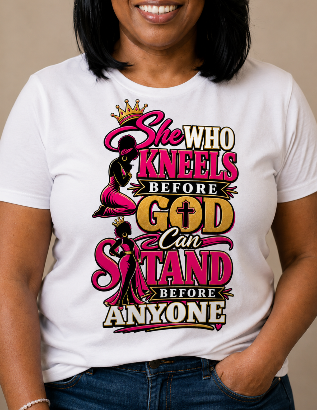 Christian graphic tee for women featuring kneeling and standing faith-inspired silhouettes