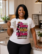 Women's prayer and faith shirt with She Who Kneels Before God design