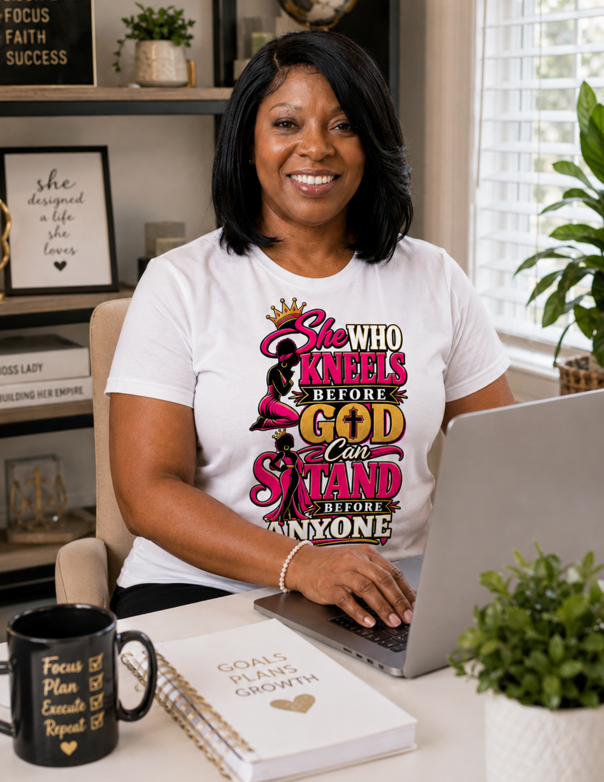 She Who Kneels Before God Christian statement tee for women of faith