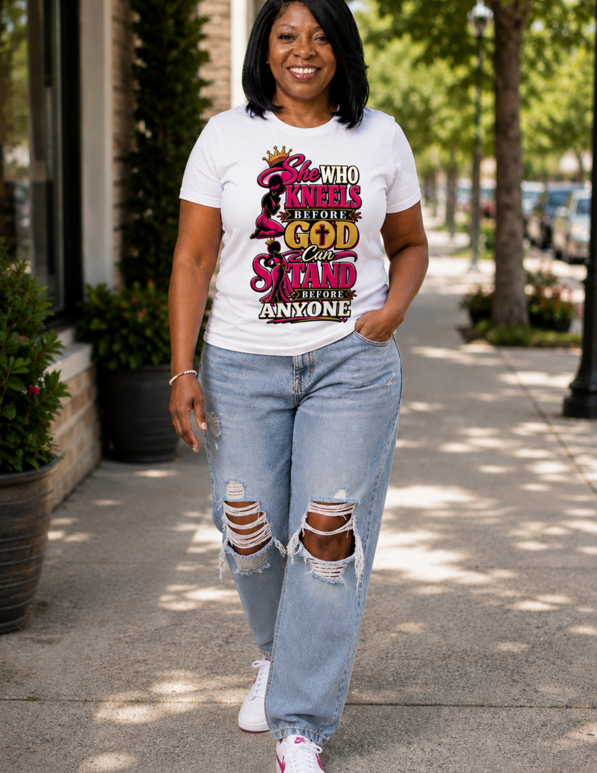 She Who Kneels Before God Christian statement tee for women of faith