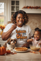 Funny Thanksgiving graphic tee featuring Gobble Til You Wobble design