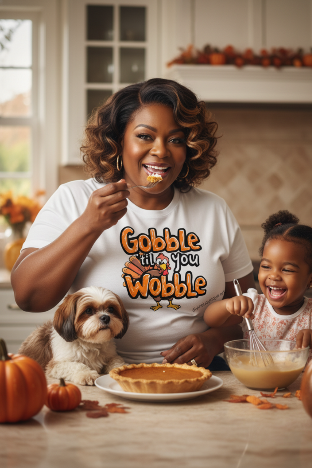 Funny Thanksgiving graphic tee featuring Gobble Til You Wobble design