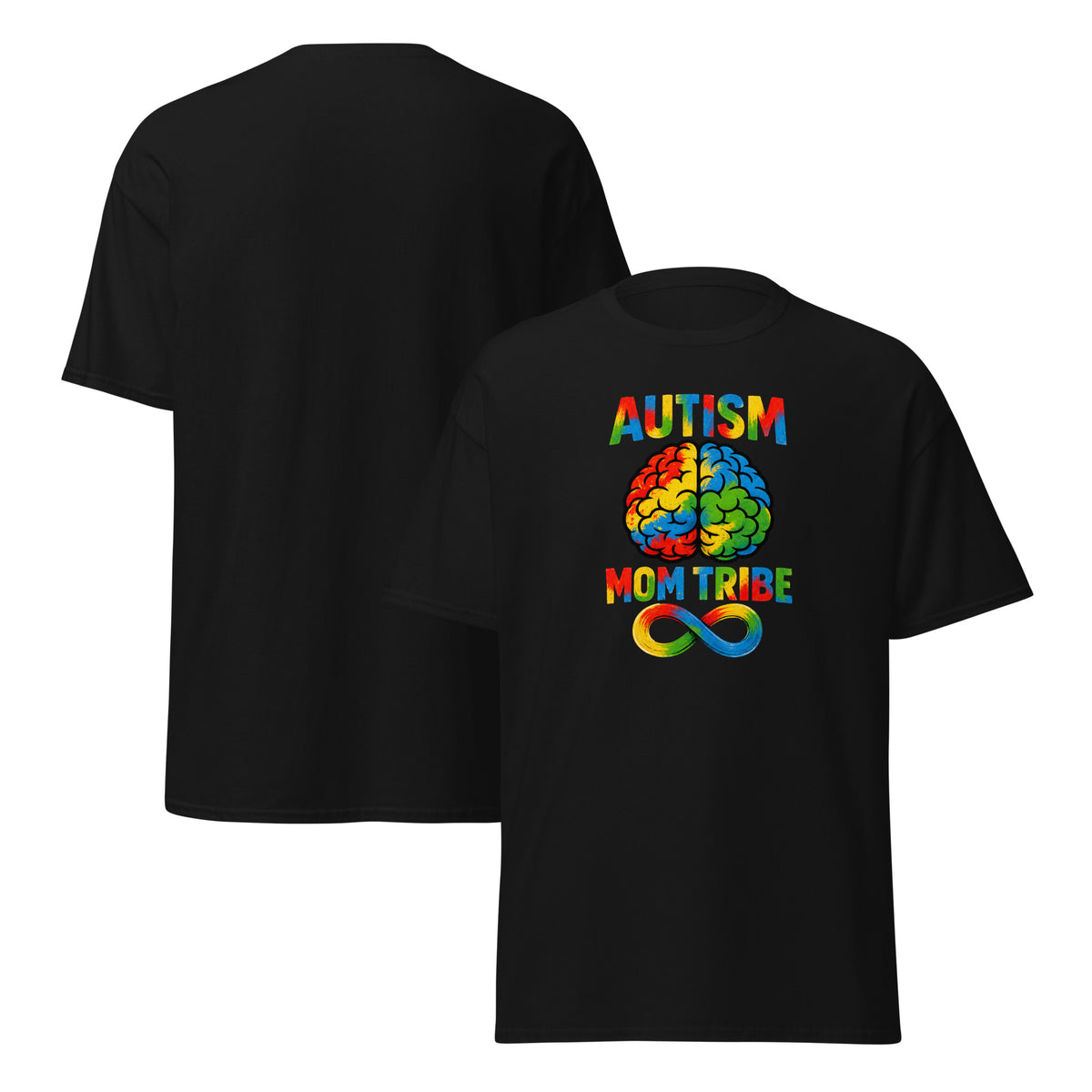 Black - Autism Mom Tribe graphic tee product mockup with colorful neurodiversity brain designP-roduct mockup