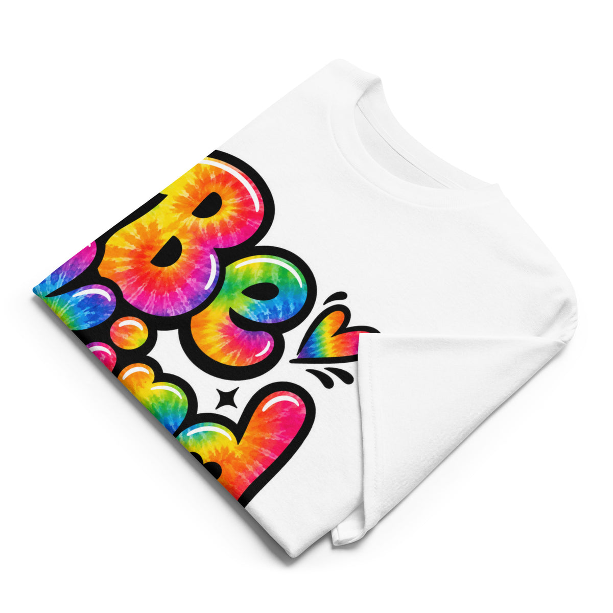 White: Product mockup - Women's Be Kind statement tee with vibrant tie dye design