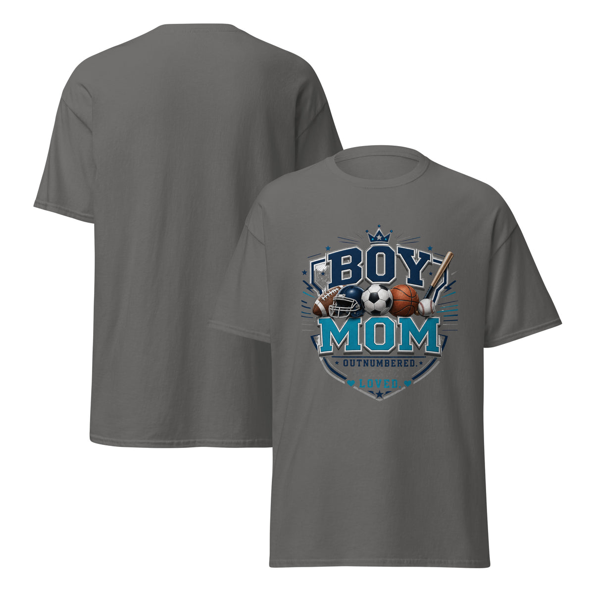 Charcoal -Boy Mom sports tee for basketball and soccer moms-Product mockup