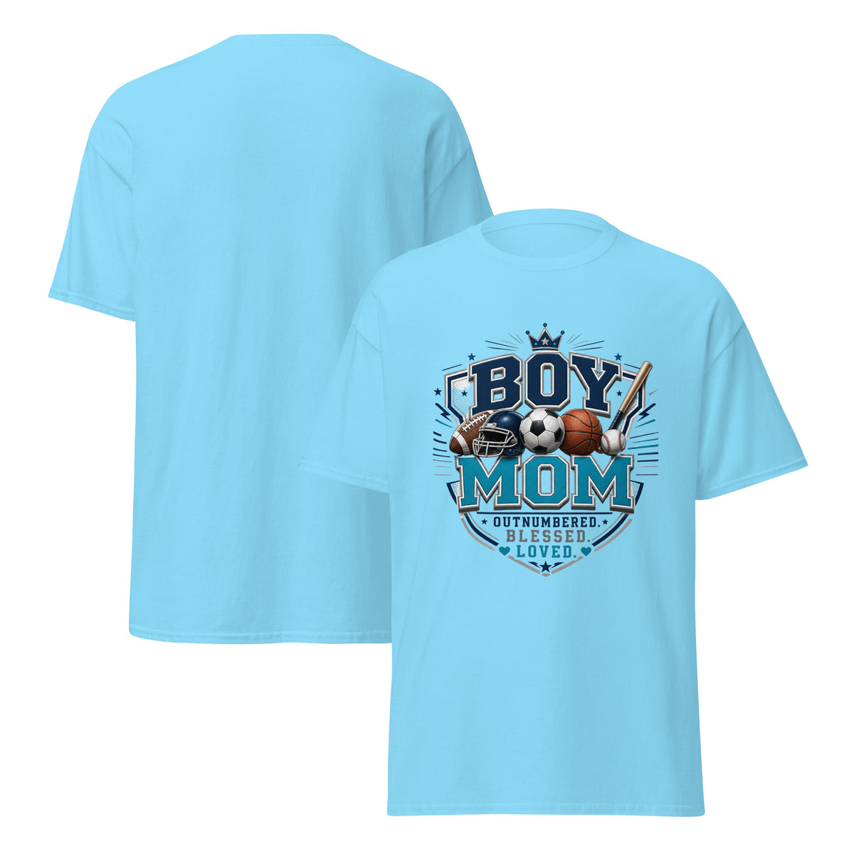 Sky-Boy Mom sports graphic tee celebrating motherhood, game days, and raising young athletes