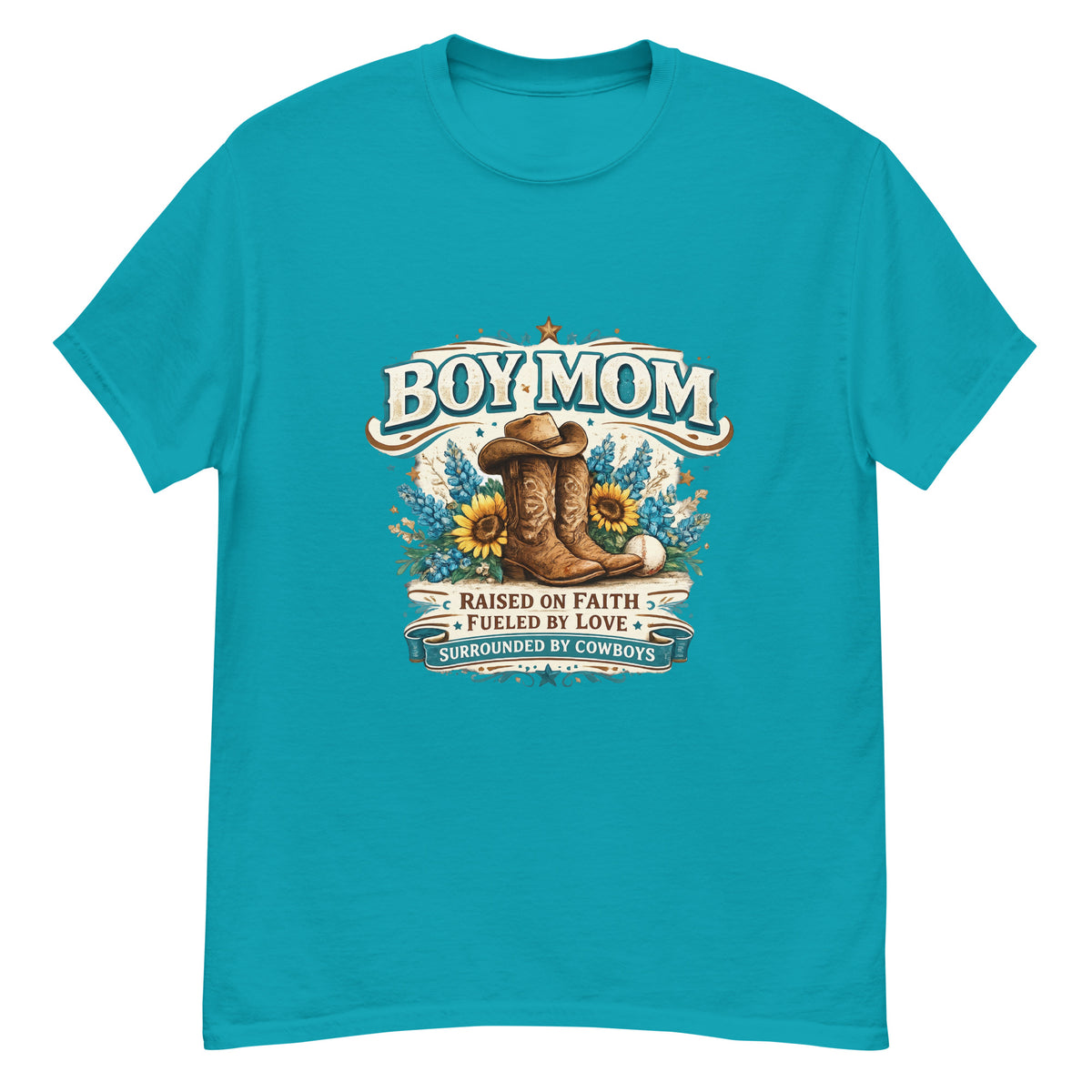 Tropical Blue - Women's country Boy Mom graphic tee celebrating faith love and motherhood -Product mockup