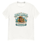White  Boy Mom western graphic tee product mockup featuring the Raised on Faith design