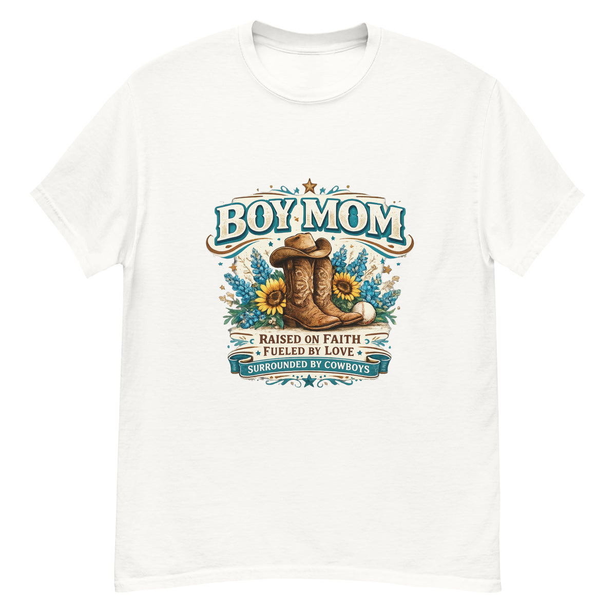 White  Boy Mom western graphic tee product mockup featuring the Raised on Faith design