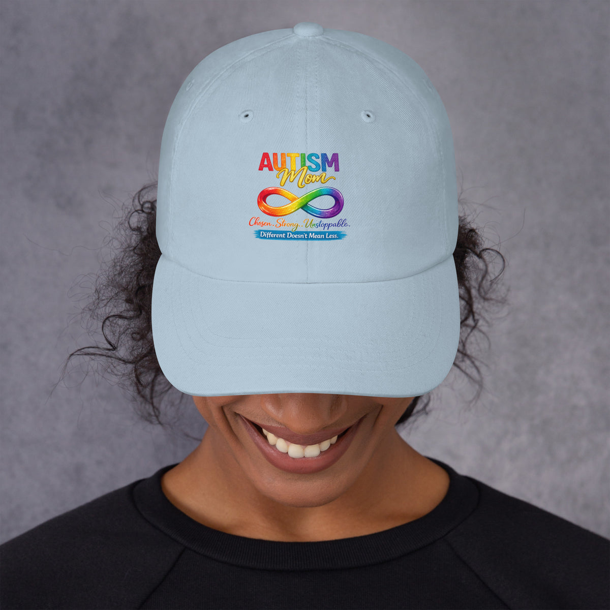 Women's neurodiversity support hat with colorful autism infinity artwork