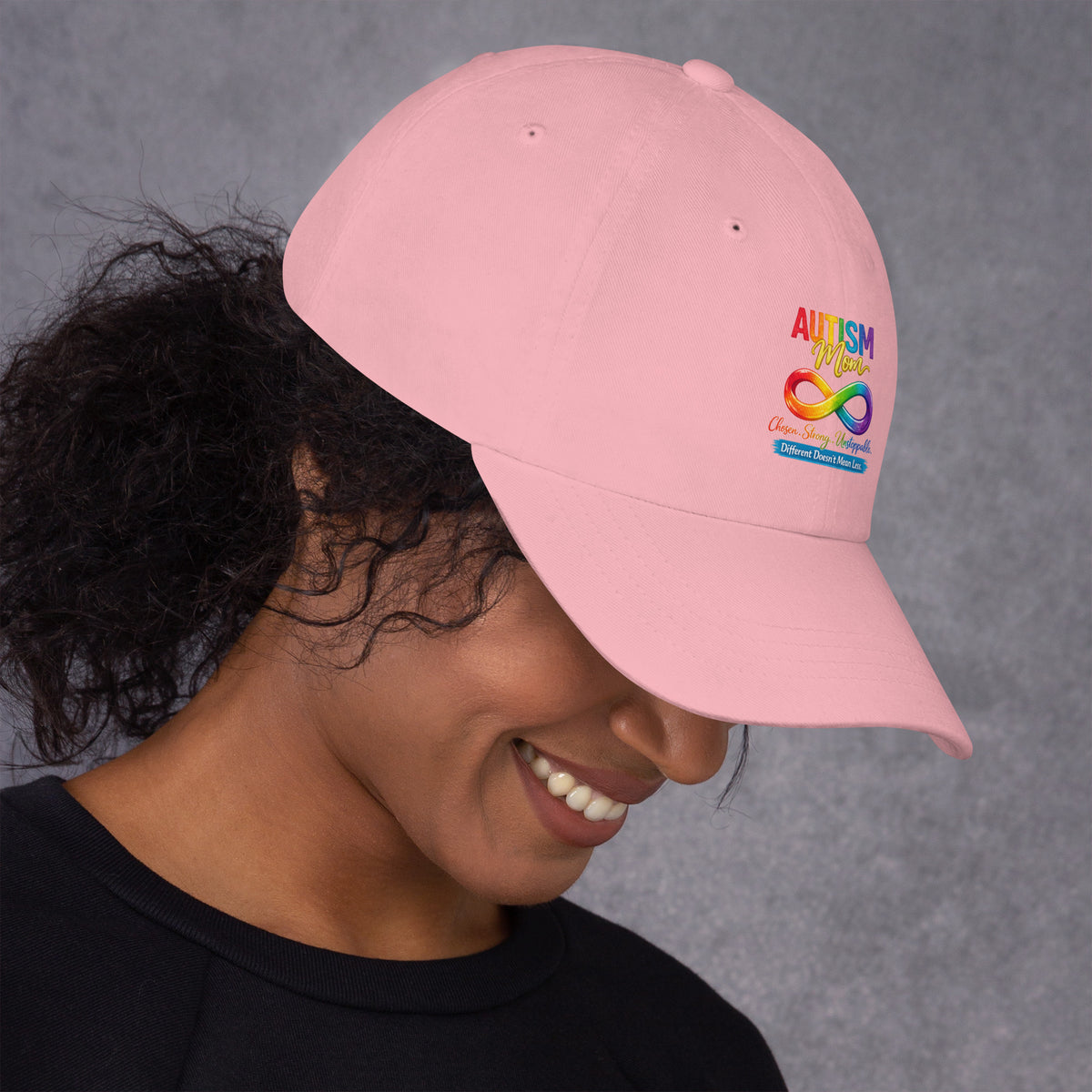 Women's Autism Mom hat featuring Different Doesn't Mean Less message