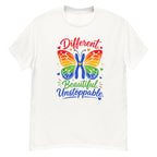 White: Down Syndrome awareness shirt product mockup featuring colorful butterfly design-Product mockup