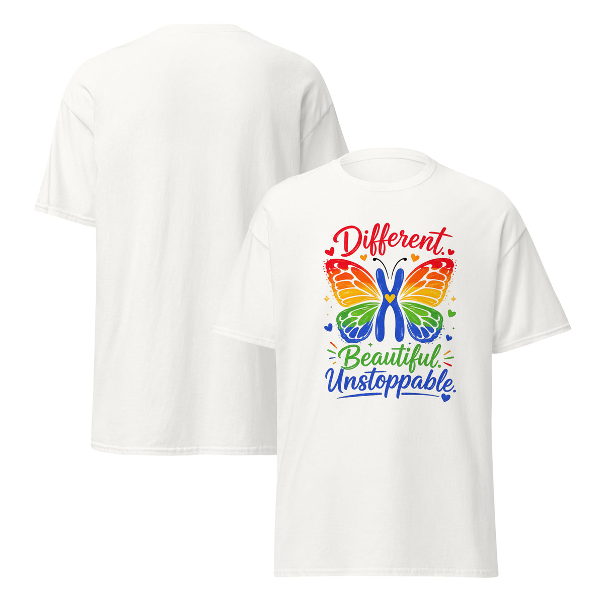 White - Down Syndrome acceptance shirt featuring Different Beautiful Unstoppable message-Product mockup
