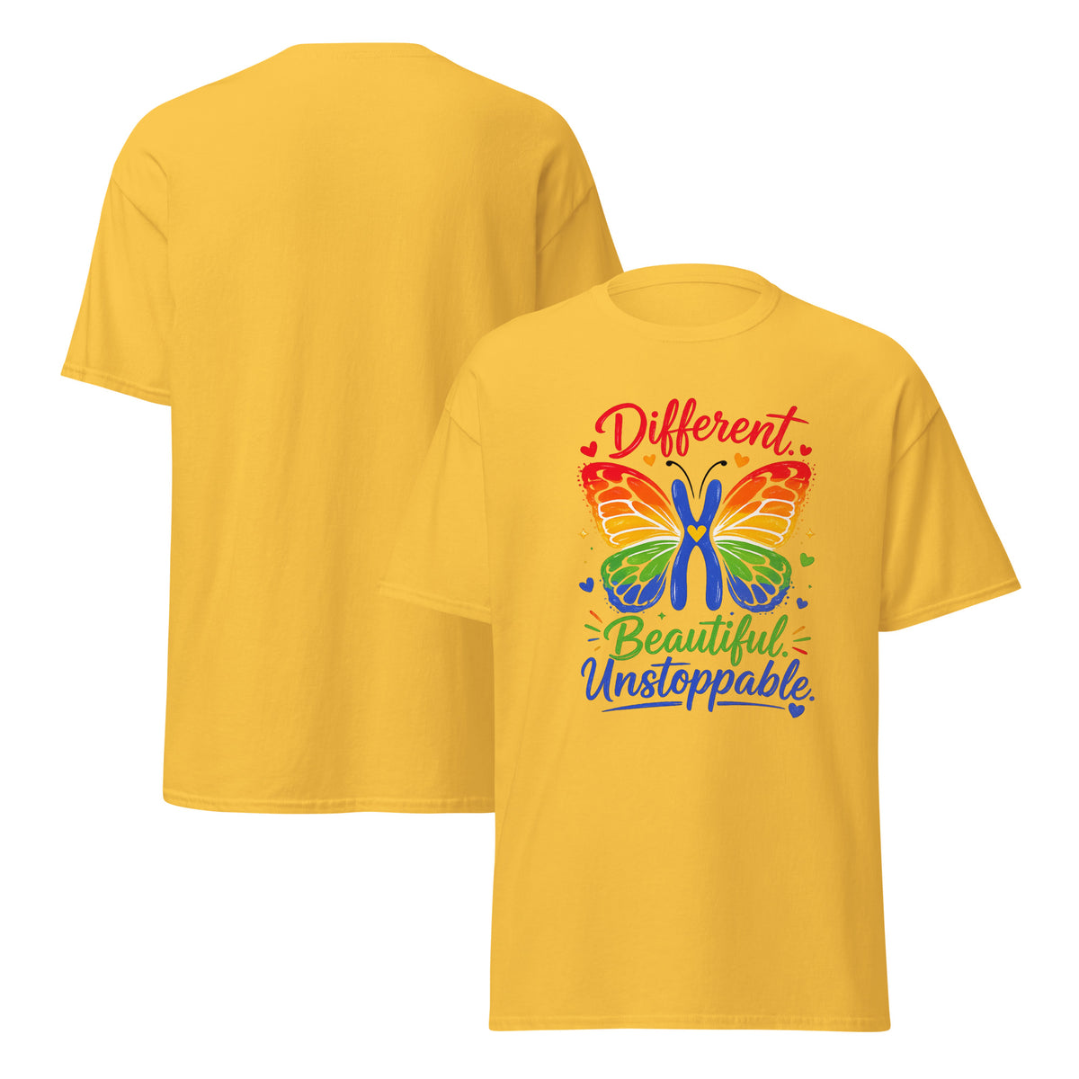 Daisy- Women's Down Syndrome support shirt with rainbow butterfly artwork-Product mockup