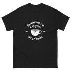 Woman wearing Running on Caffeine and Gratitude coffee graphic tee-Product mockup