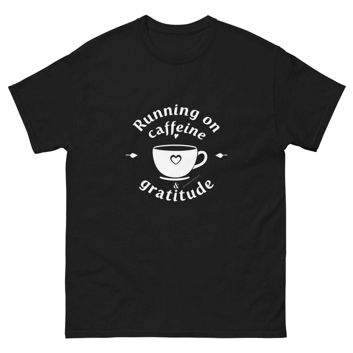 Woman wearing Running on Caffeine and Gratitude coffee graphic tee-Product mockup