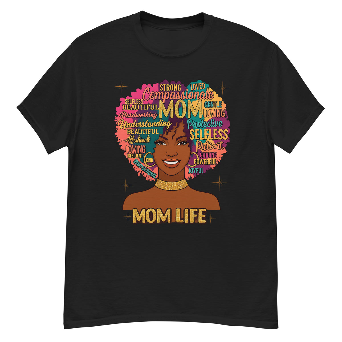Mom Life graphic tee featuring colorful Black woman Afro artwork Product mockup