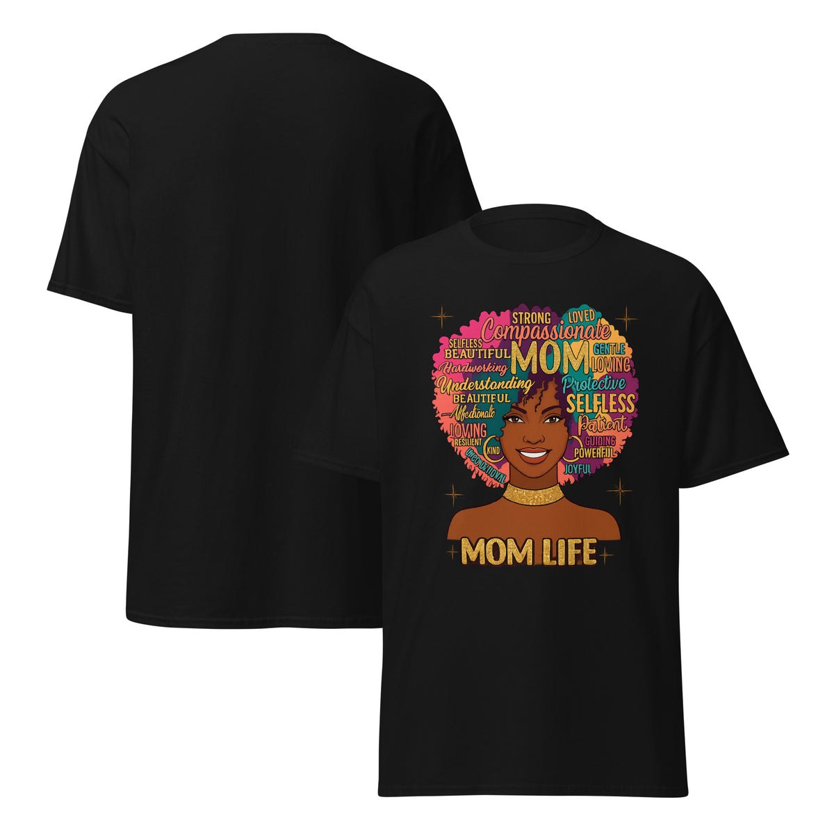 Mom Life Afro graphic tee with empowering word art celebrating confident Black motherhood Product mockup