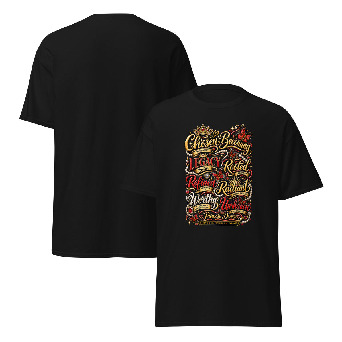 Black-Women's red and gold Identity statement tee celebrating personal growth and strength -front view