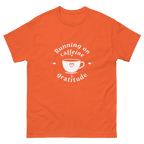 Coffee lover wearing inspirational Running on Caffeine and Gratitude shirt-Product mockup