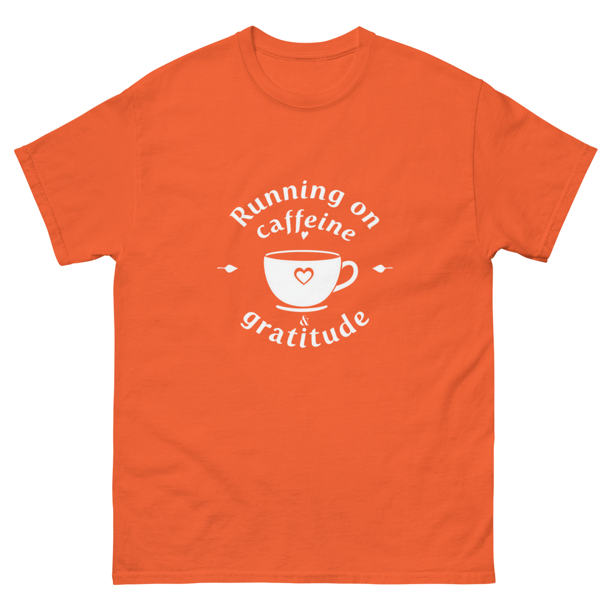 Coffee lover wearing inspirational Running on Caffeine and Gratitude shirt-Product mockup