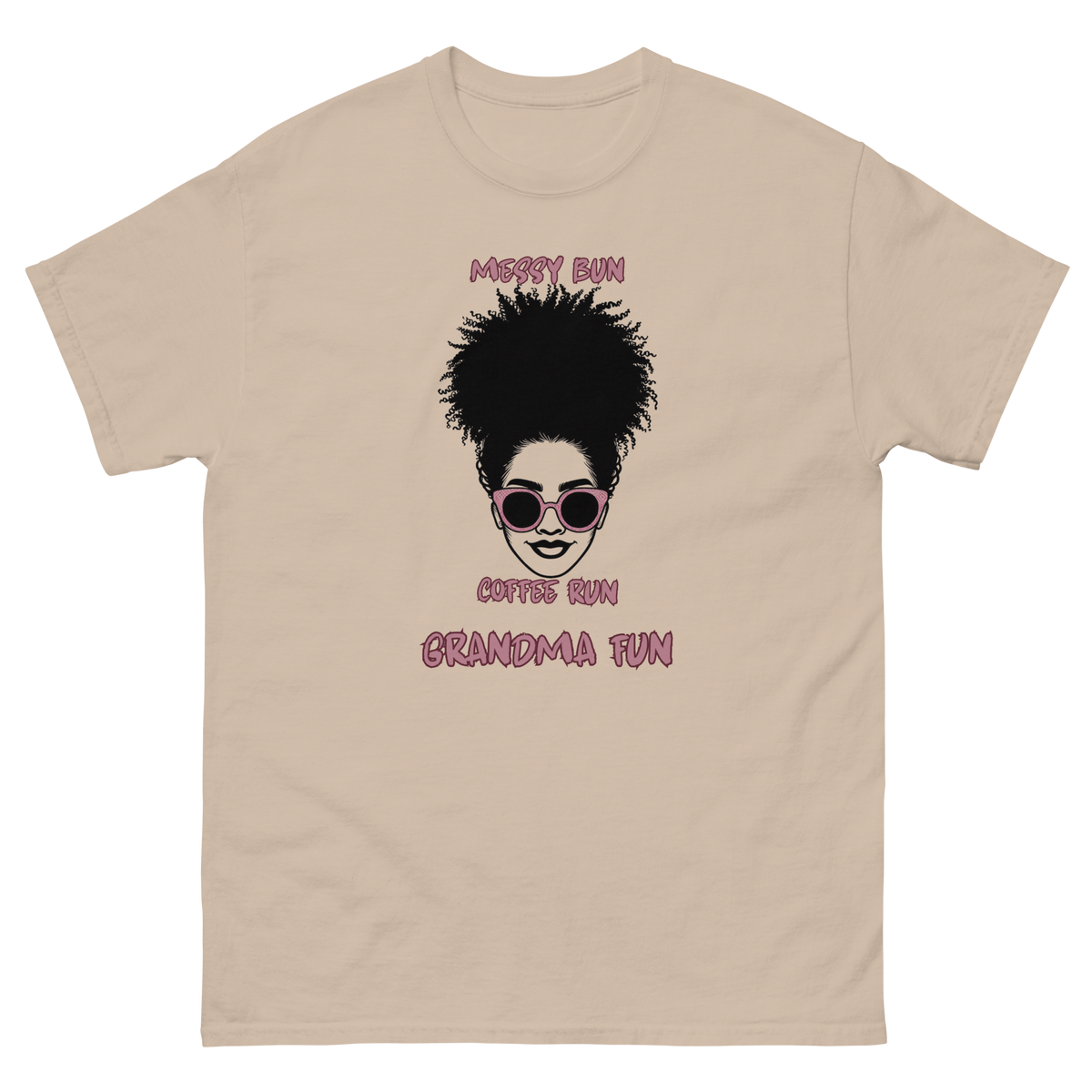 Fun grandma graphic tee featuring Messy Bun Coffee Run design