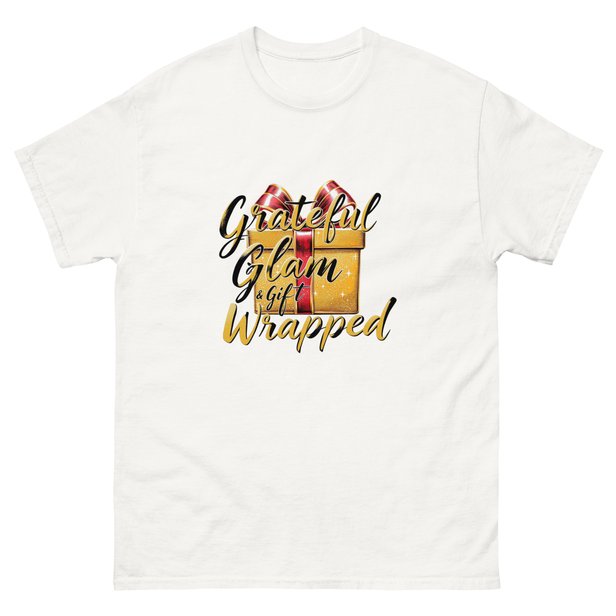 Women's Grateful Glam and Gift Wrapped holiday shirt-Product mockup
