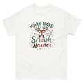 white- Motivational Christmas graphic tee with Work Hard Sleigh Harder design-Product mockup
