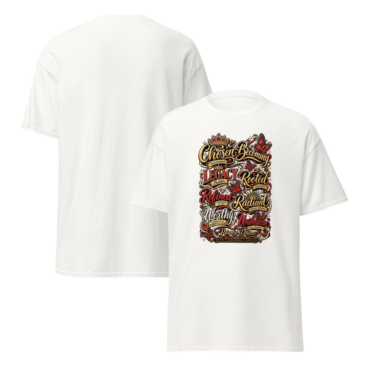 white - Identity boutique graphic tee with crown butterfly pearl and red gold accents-front view