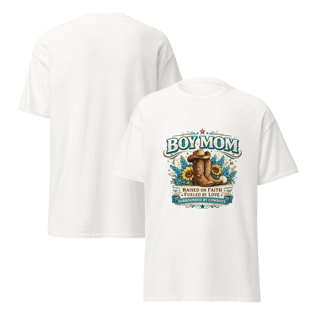 White - Product mockup -Divine Boutique Boy Mom western shirt with faith and cowboy theme